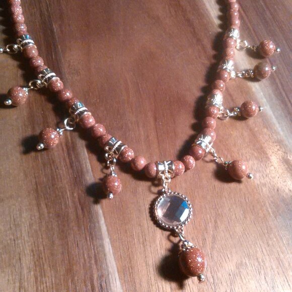 Gold Sandstone and Peach Glass Necklace - Picture 1 of 13